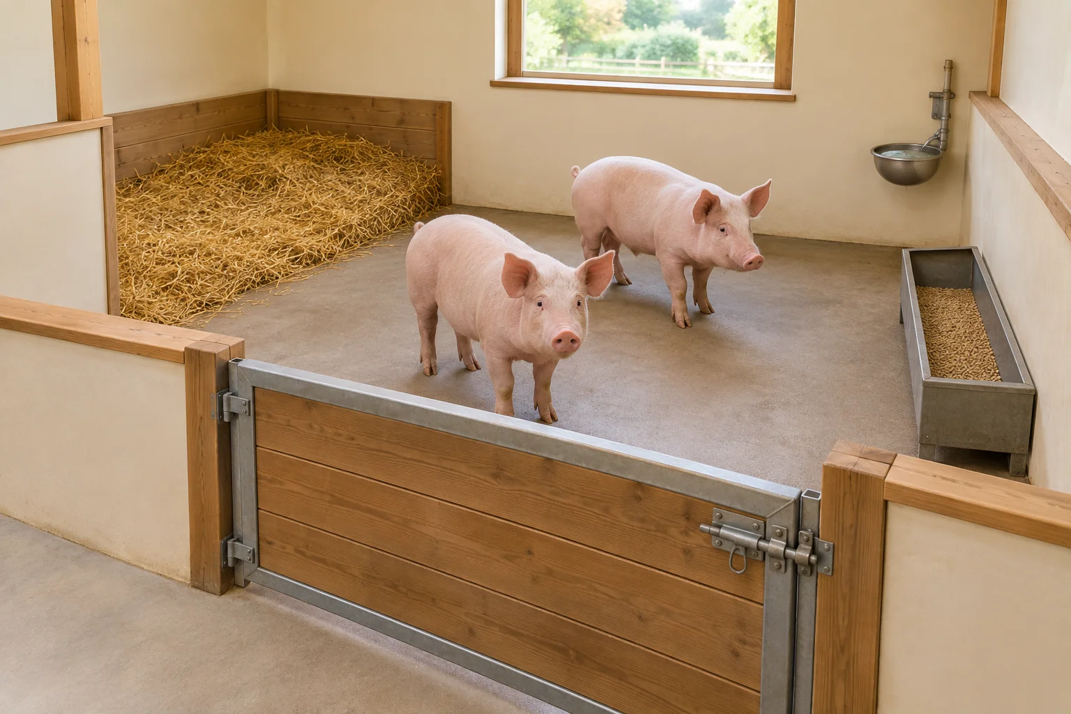 Zwei Schweine in einem Stall mit verschließbarem Zugang, Stroh in einer Ruheecke und getrennten Futter- und Tränkebehältern.