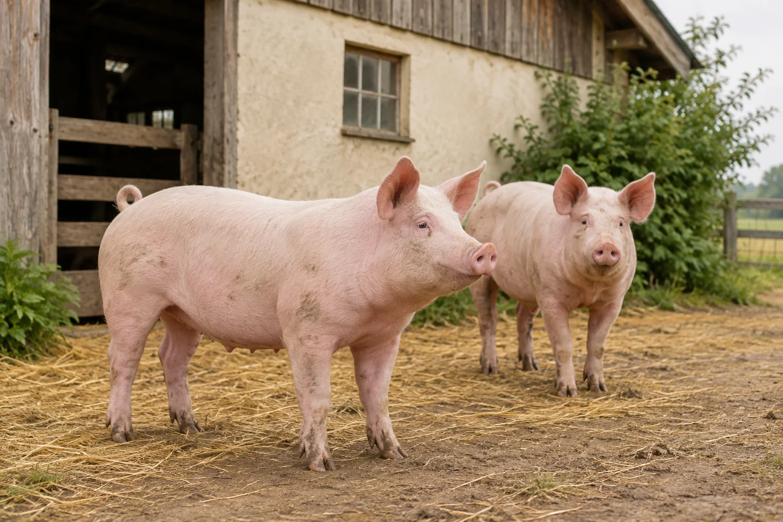 Zwei rosa Schweine stehen auf einem Hof mit Stroh vor einer Scheune.