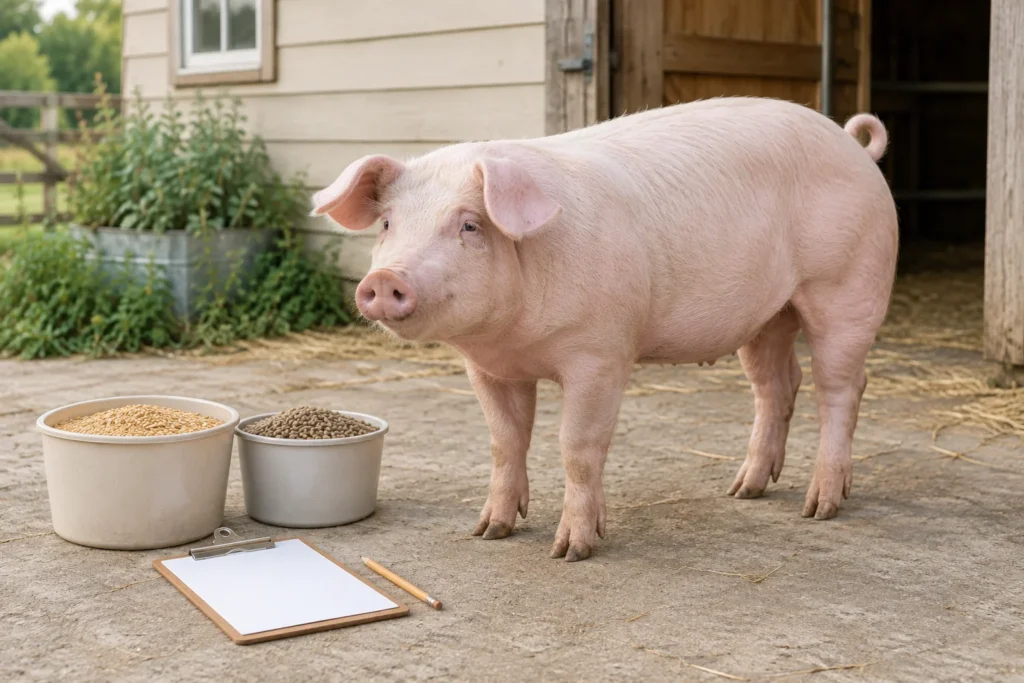 Ein hellrosa Schwein steht auf einem Hof neben zwei Behältern mit Futter, einem Klemmbrett mit leerem Papier und einem Bleistift.
