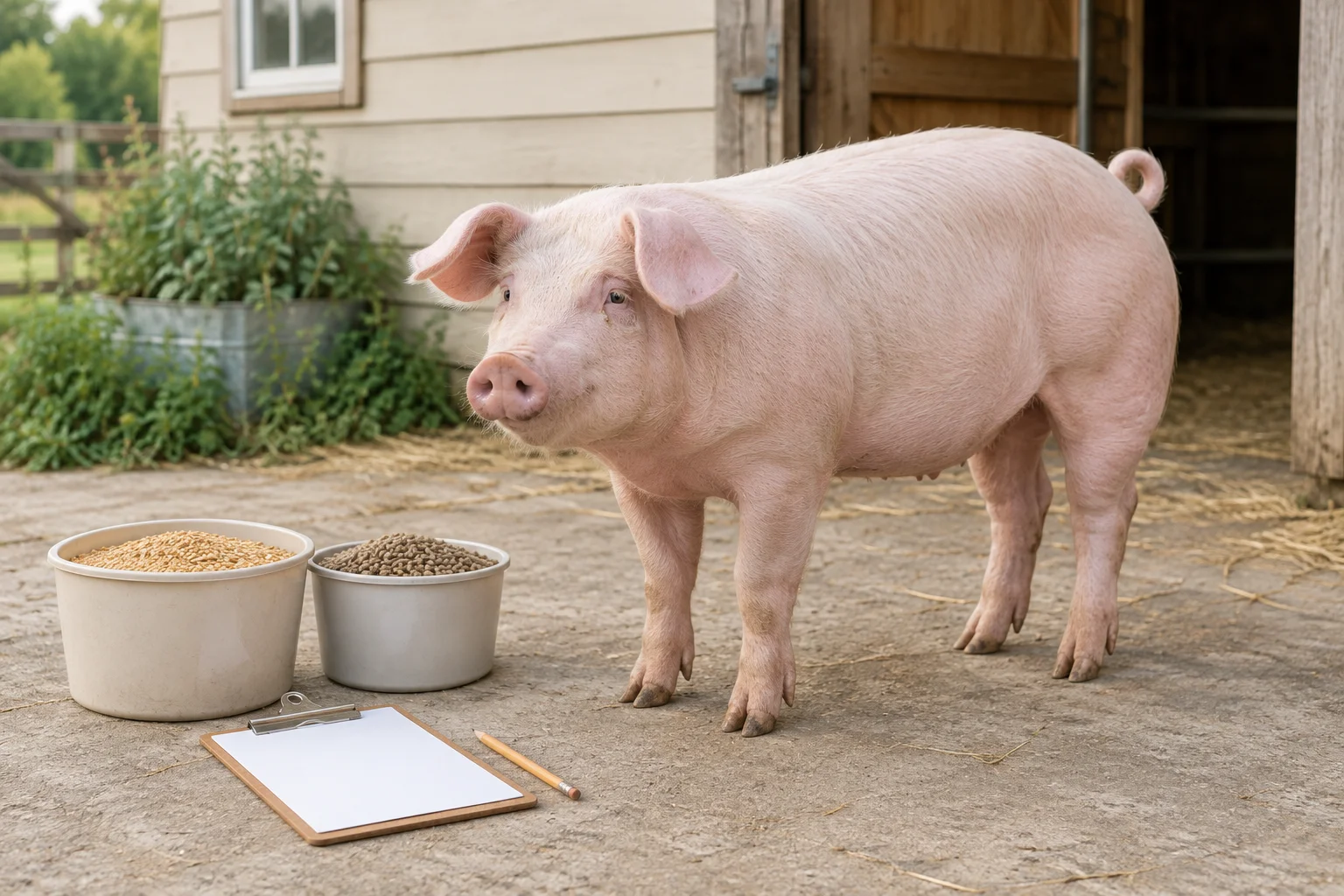 Ein hellrosa Schwein steht auf einem Hof neben zwei Behältern mit Futter, einem Klemmbrett mit leerem Papier und einem Bleistift.