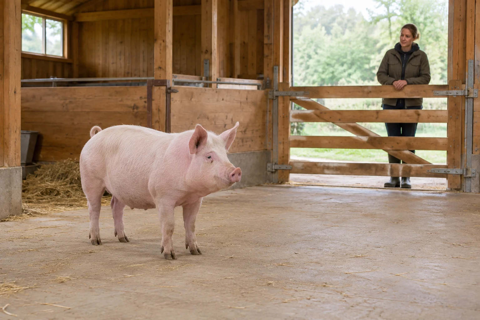 Ein ausgewachsenes rosa Schwein steht in einem geräumigen Stall, während eine Betreuungsperson von der anderen Seite eines Holzgatters aus zusieht.