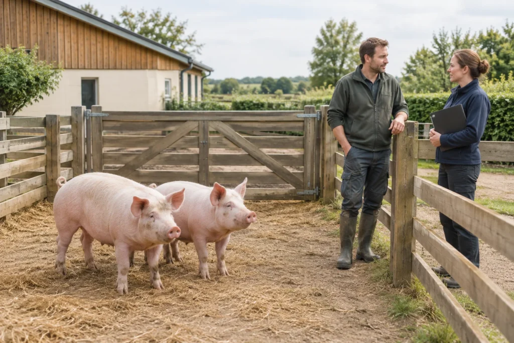 Zwei Schweine in einem Gehege, während sich zwei Menschen am Zaun besprechen. Eine Person hält ein Klemmbrett.