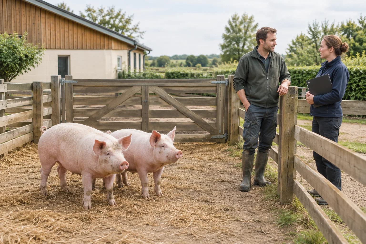 Zwei Schweine in einem Gehege, während sich zwei Menschen am Zaun besprechen. Eine Person hält ein Klemmbrett.