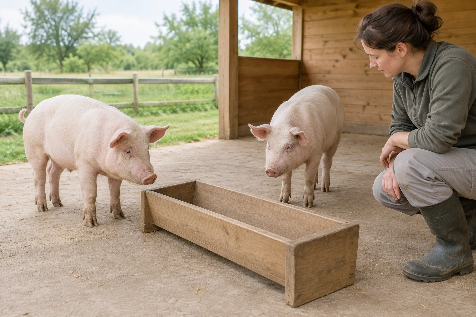 Zwei Schweine stehen an einem leeren Futtertrog aus Holz, während eine Frau den Trog betrachtet.