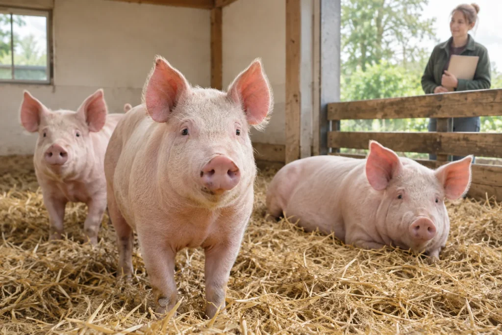 Drei rosa Schweine auf Stroh in einem Stall, hinter dem Zaun eine Person mit einem Klemmbrett.