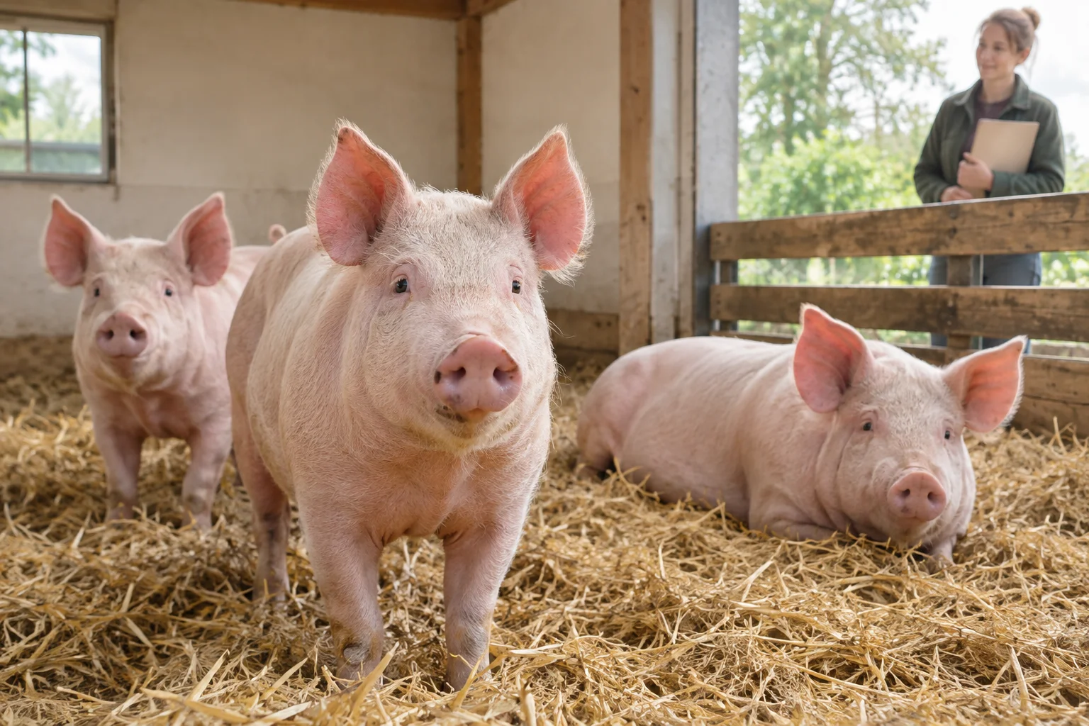 Drei rosa Schweine auf Stroh in einem Stall, hinter dem Zaun eine Person mit einem Klemmbrett.