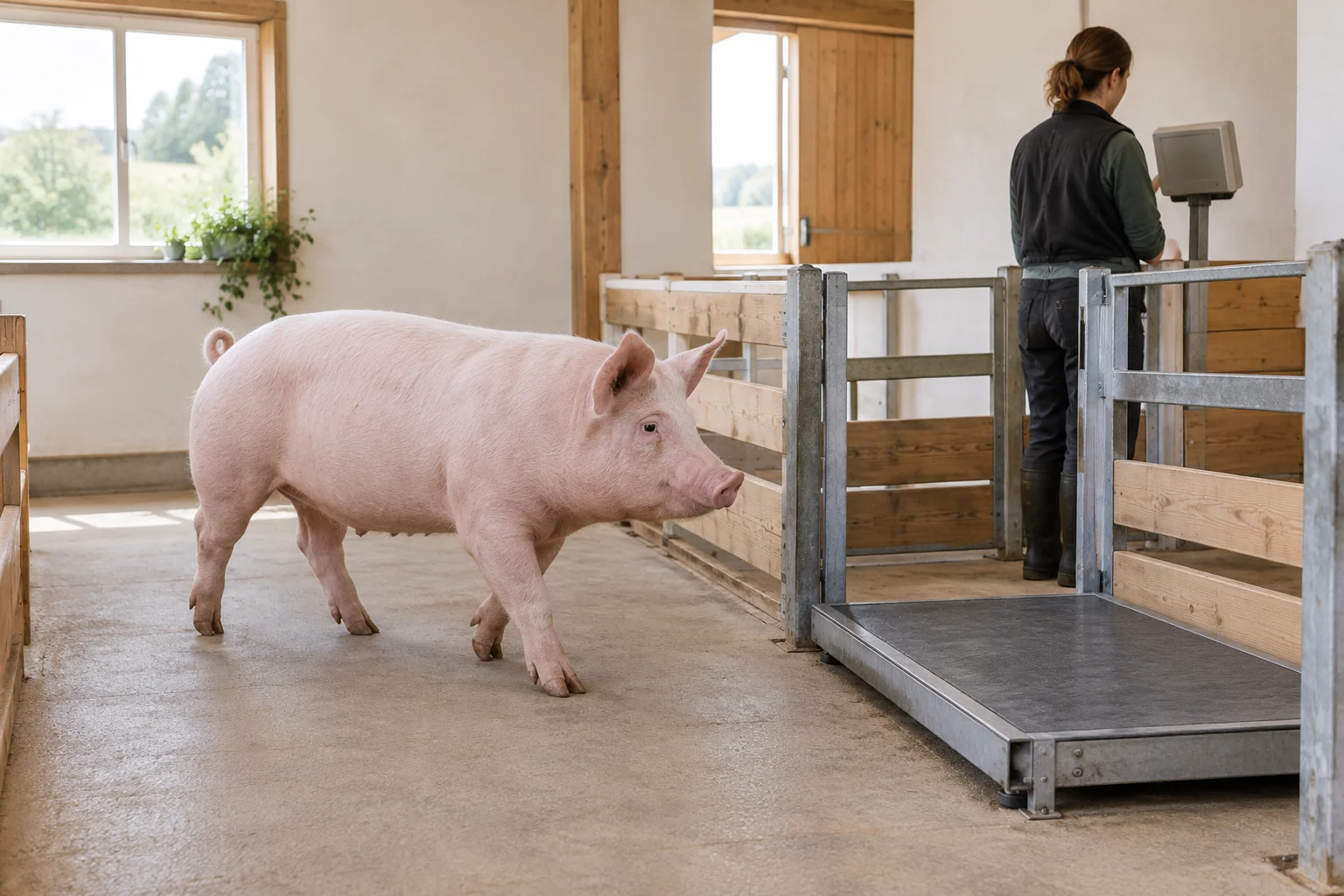 Ein Schwein läuft auf eine Wiegeplattform zu, während ein Mitarbeiter am Anzeigegerät der Waage steht.