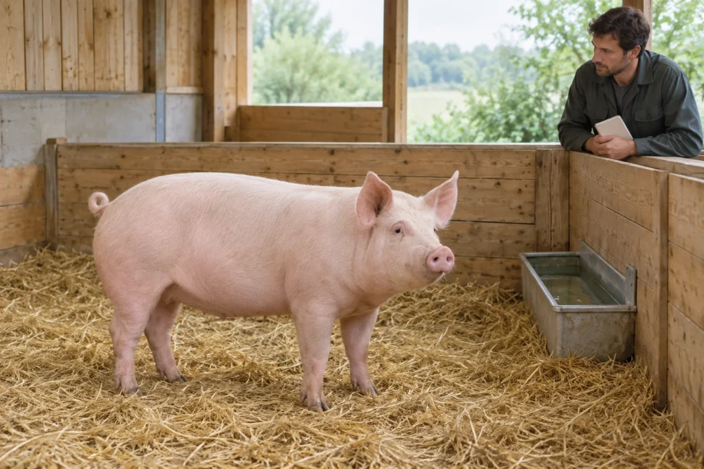 Ein rosa Schwein steht auf Stroh in einem Holzstall. Eine Person, die das Tier hält, schaut von der anderen Seite der Abtrennung zu und hält ein geschlossenes Notizbuch in der Hand.