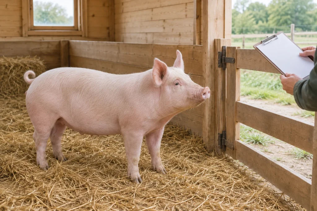 Ein hellrosa Schwein steht auf Stroh in einem Holzstall. Am Zaun hält jemand ein Klemmbrett mit einem leeren Blatt Papier.