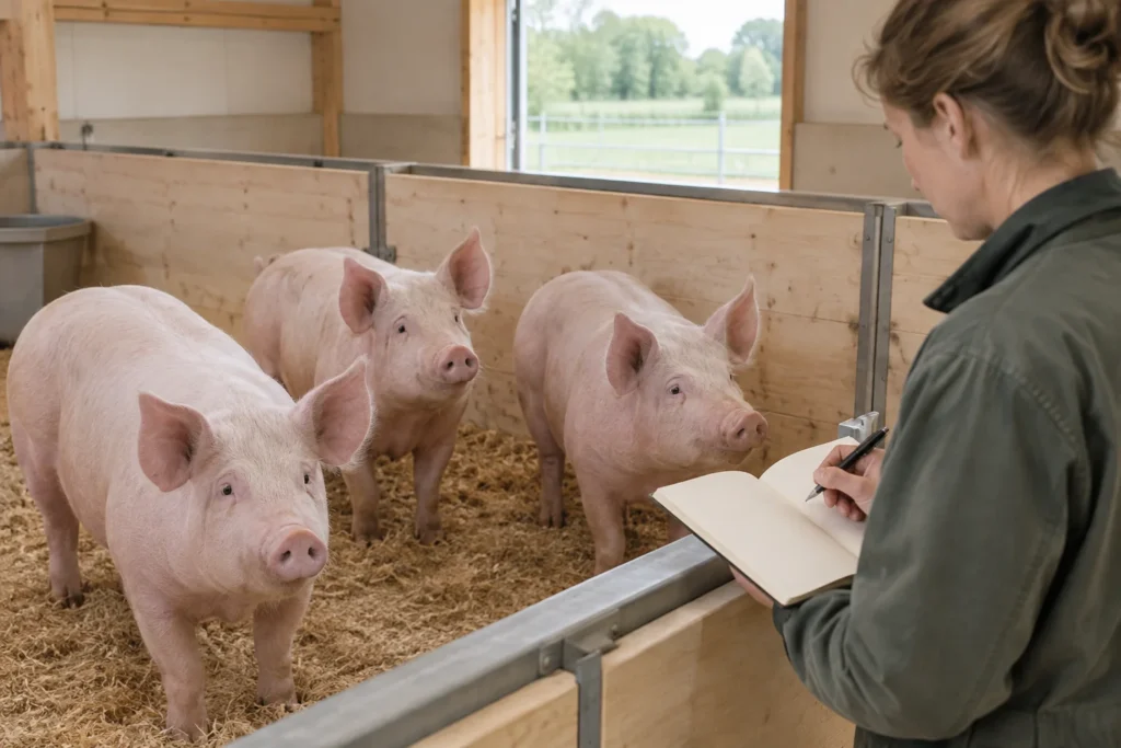 Drei rosa Schweine stehen in einem Stall, während ein Halter mit einem aufgeschlagenen Notizbuch und einem Stift am Gehege steht und hineinschaut.
