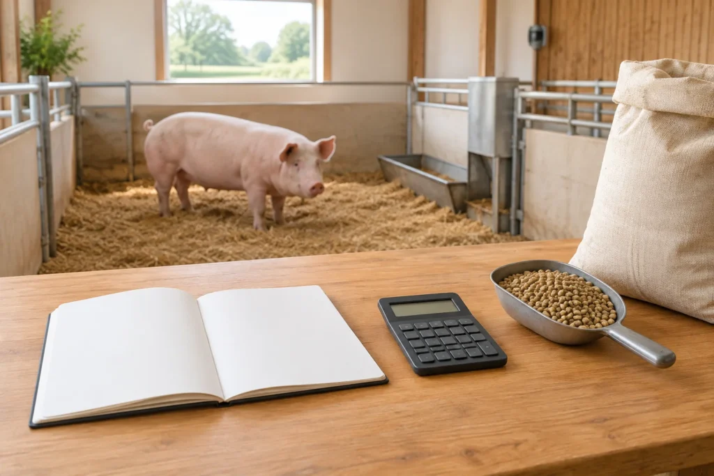 Rosa Schwein in einem Stall mit Stroh; im Vordergrund liegen ein Notizbuch, ein Taschenrechner und Futter.