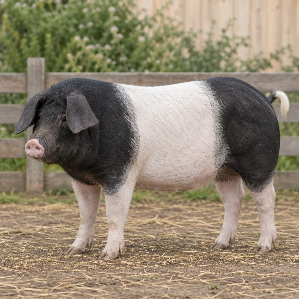 Ein ausgewachsenes schwarz weißes Schwein mit Hängeohren steht auf einem Hof vor einem Holzzaun; alle vier Beine sind zu sehen.