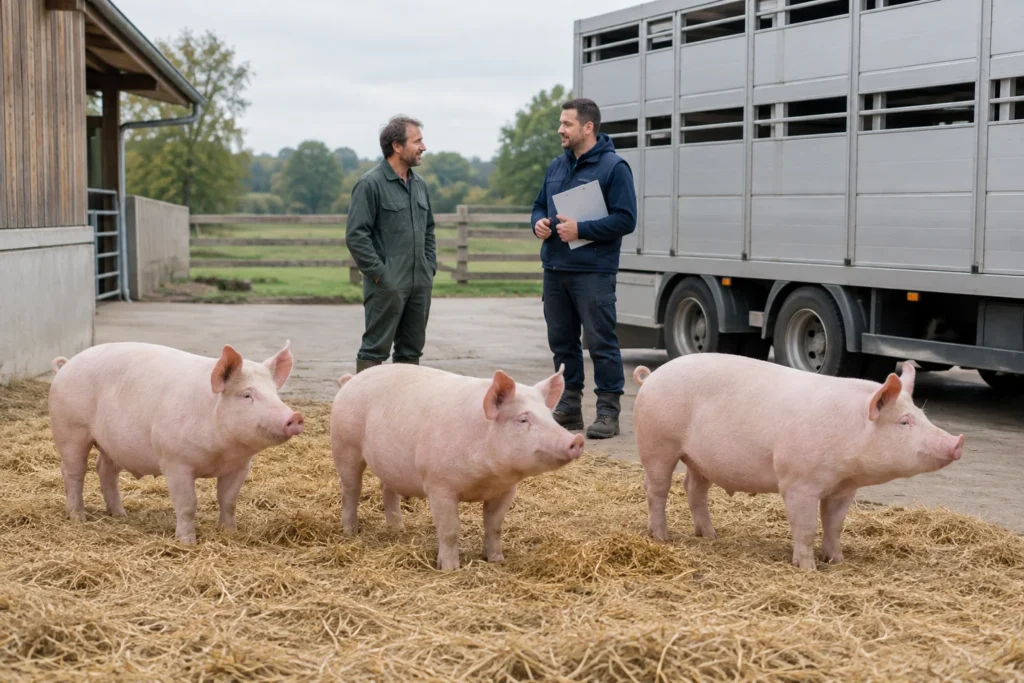 Drei rosa Schweine stehen auf Stroh neben einem Viehtransporter. Zwei Männer stehen dabei, einer von ihnen mit einem Klemmbrett.