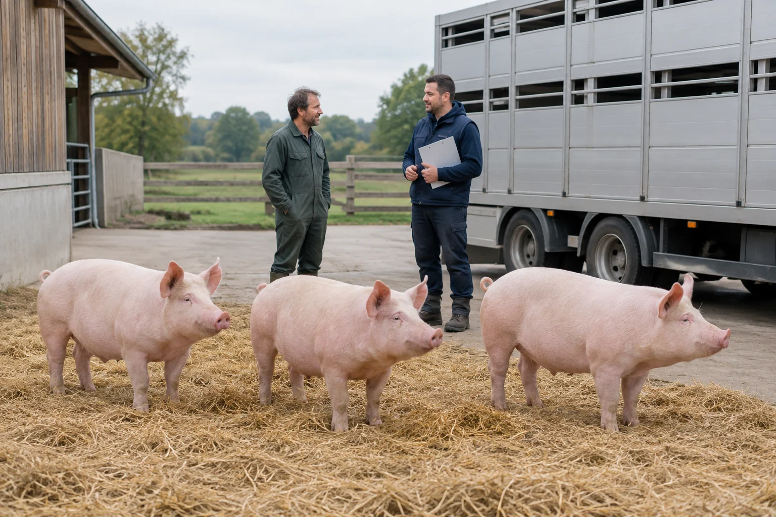 Drei rosa Schweine stehen auf Stroh neben einem Viehtransporter. Zwei Männer stehen dabei, einer von ihnen mit einem Klemmbrett.