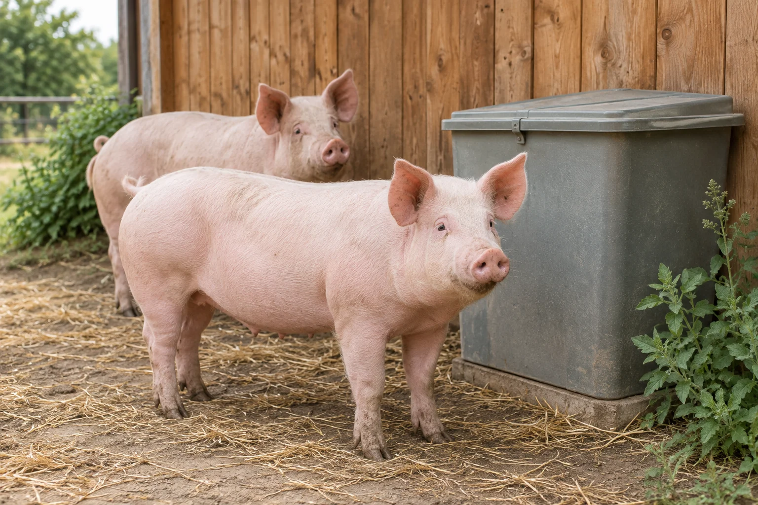 Zwei rosa Schweine stehen auf einem mit Stroh bedeckten Boden neben einer geschlossenen grauen Tonne bei einem Holzschuppen.