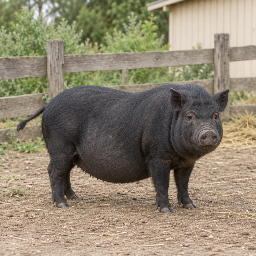 Schwarzes Schwein mit aufrecht stehenden Ohren und hängendem Bauch, vollständig sichtbar in einem umzäunten Auslauf.