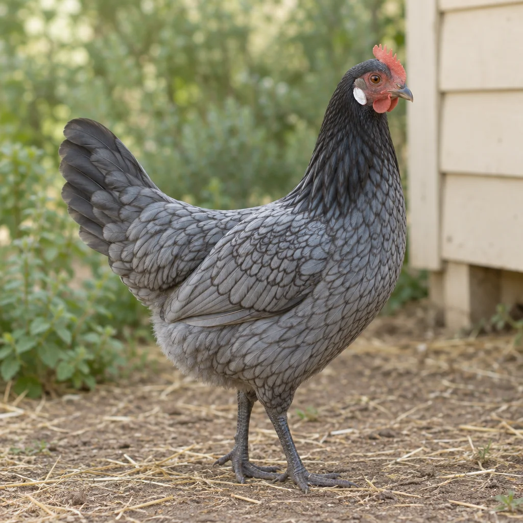 Ein Huhn mit blaugrauem, dunkel gesäumtem Gefieder, dunklem Hals, weißer Ohrscheibe und schiefergrauen Beinen steht auf einem Hof bei einem hölzernen Hühnerstall.