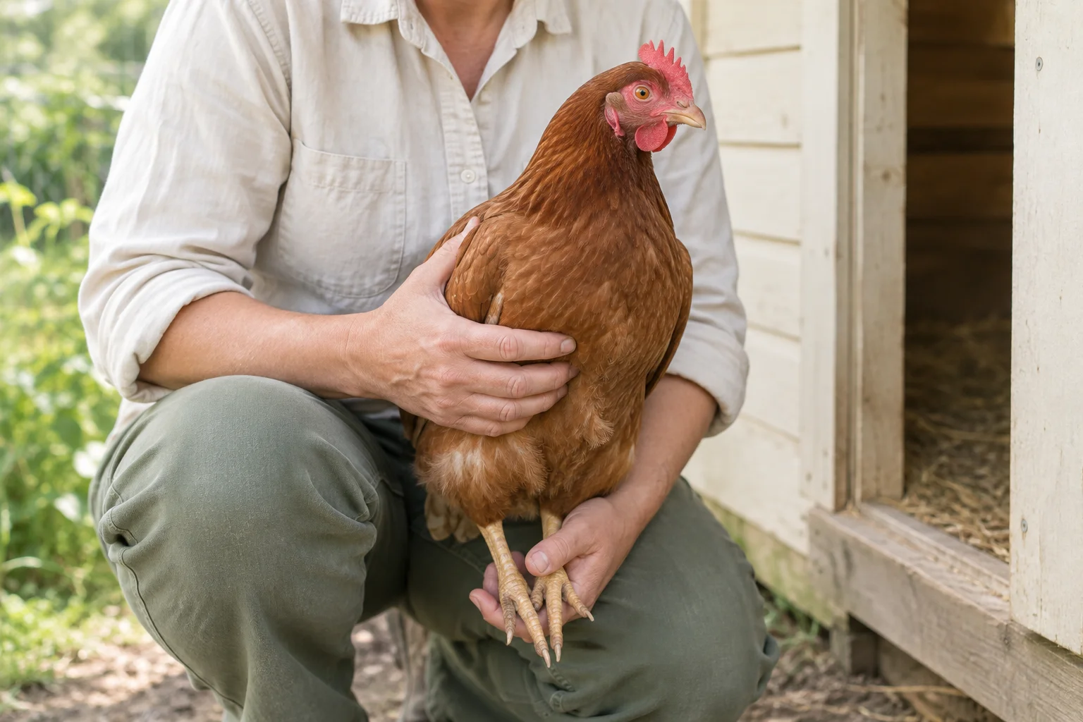 Eine Person in der Hocke hält ein braunes Huhn neben einem hölzernen Hühnerstall aufrecht, mit einer Hand an seinem Flügel und der anderen unter seinen Füßen.