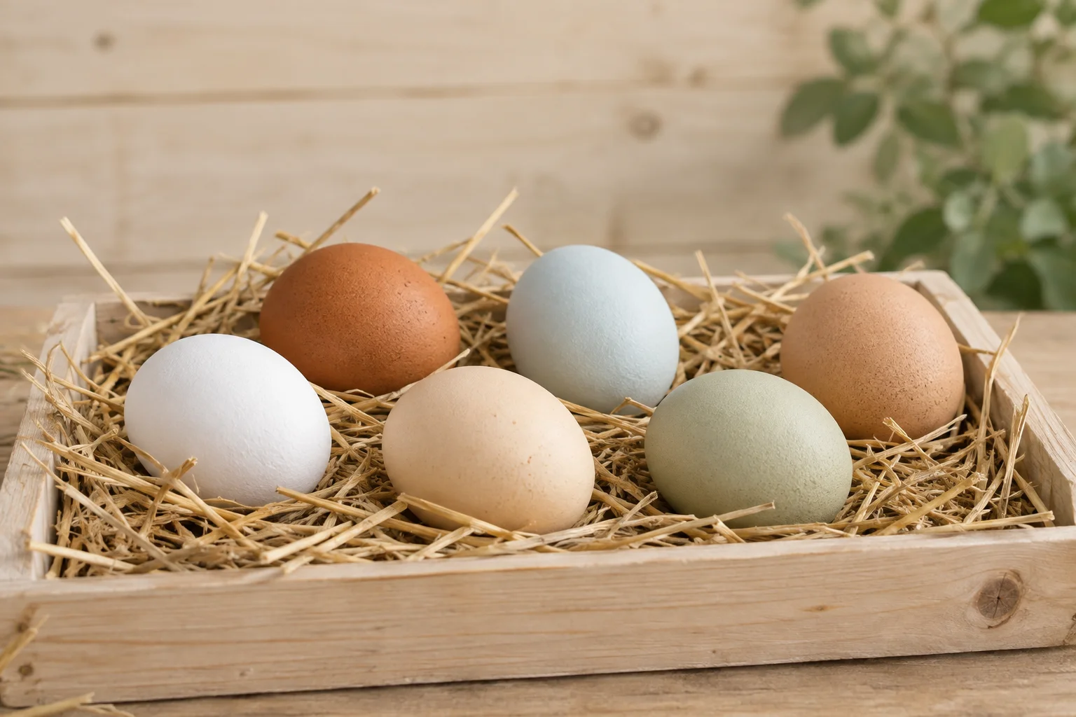 Sechs Eier mit weißen, cremefarbenen, braunen, hellblauen und hellgrünen Schalen liegen auf Stroh in einer Holzkiste.