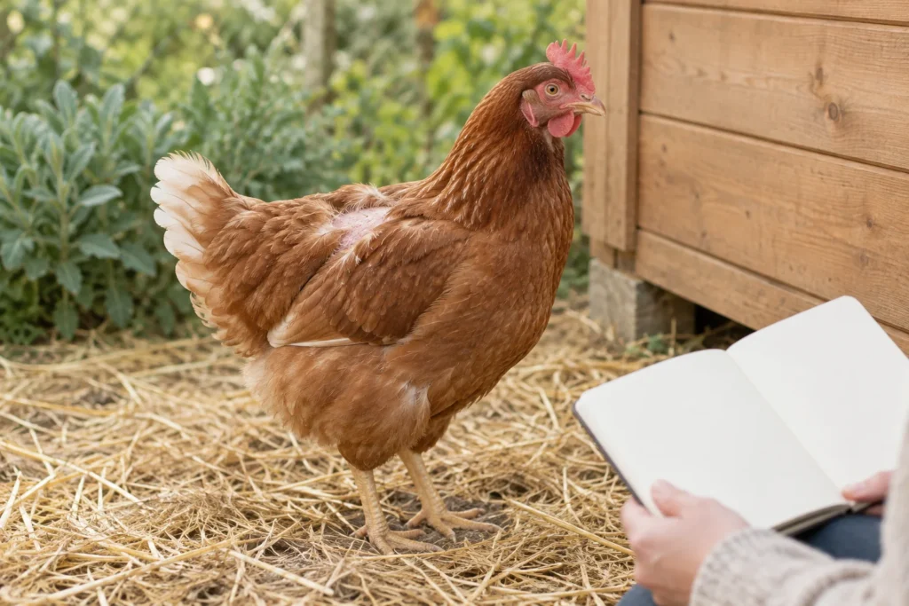 Braunes Huhn mit einer Stelle mit dünnem Federkleid am Rücken, neben einer Person mit einem leeren Notizbuch.