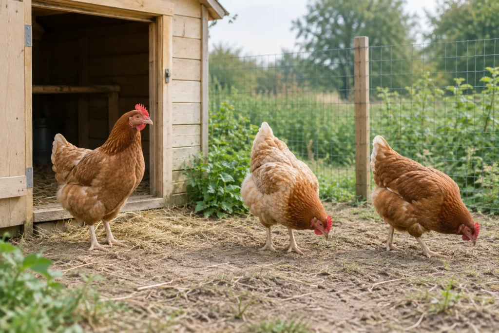 Drei braune Hühner stehen und scharren an der offenen Tür eines hölzernen Hühnerstalls neben einem umzäunten Auslauf.