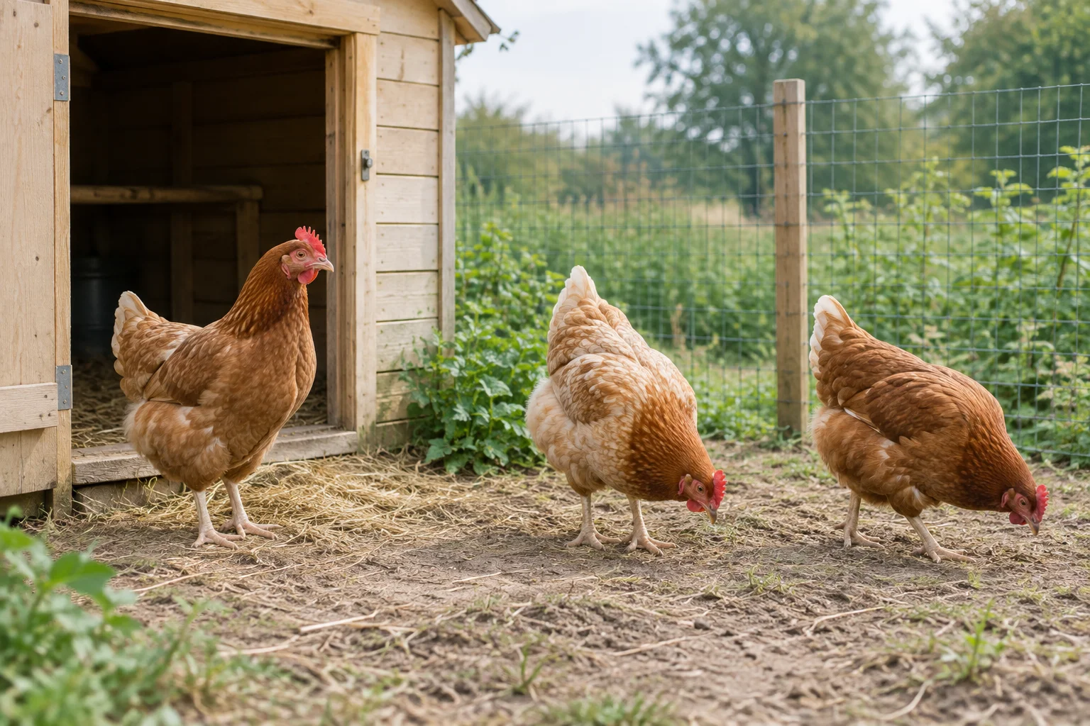 Drei braune Hühner stehen und scharren an der offenen Tür eines hölzernen Hühnerstalls neben einem umzäunten Auslauf.