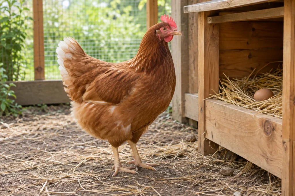 Braunes Huhn steht auf Stroh neben einem hölzernen Legenest mit einem Ei.