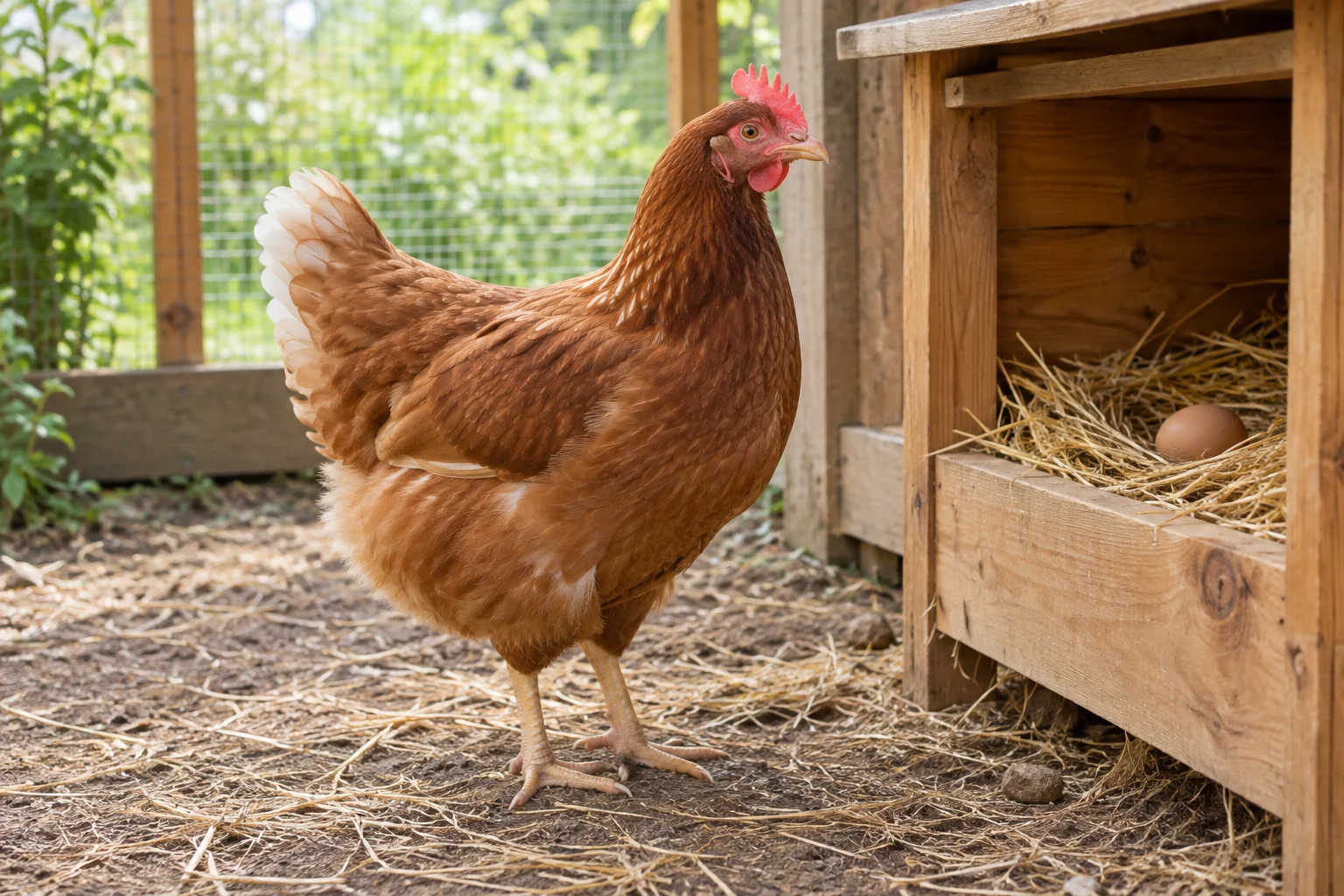 Braunes Huhn steht auf Stroh neben einem hölzernen Legenest mit einem Ei.