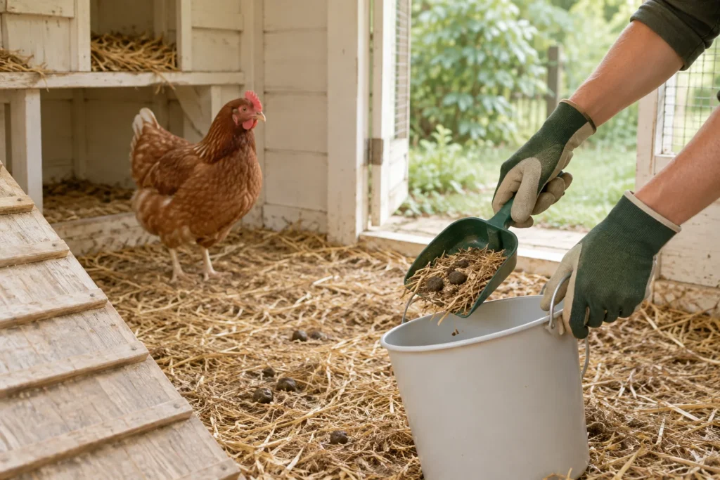 Hände mit Handschuhen halten in einem Hühnerstall eine Schaufel mit Stroh und Hühnermist über einen weißen Eimer. Im Hintergrund steht ein braunes Huhn.