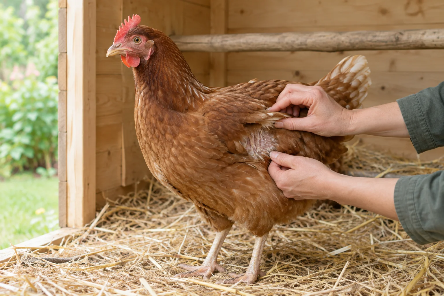 Ein braunes Huhn steht auf Stroh in einem Holzstall, während zwei Hände vorsichtig seine Federn auseinanderhalten.