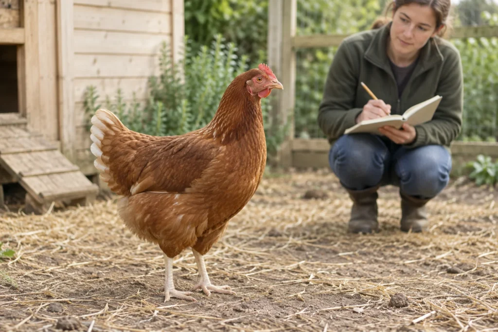 Ein braunes Huhn steht auf Stroh neben einem Holzstall, während ein Halter in der Hocke es mit einem Notizbuch beobachtet.