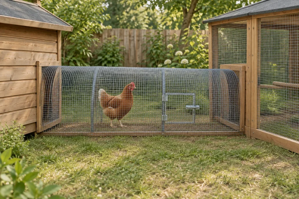 Ein braunes Huhn steht in einem Gittertunnel zwischen einem hölzernen Hühnerstall und einem Außenauslauf.