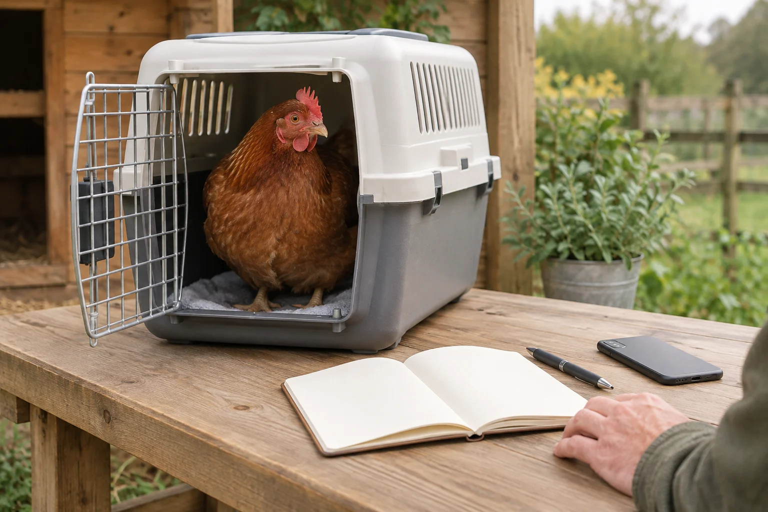 Braunes Huhn in einer offenen Transportbox auf einem Holztisch, daneben ein leeres Notizbuch, ein Stift und ein Telefon.