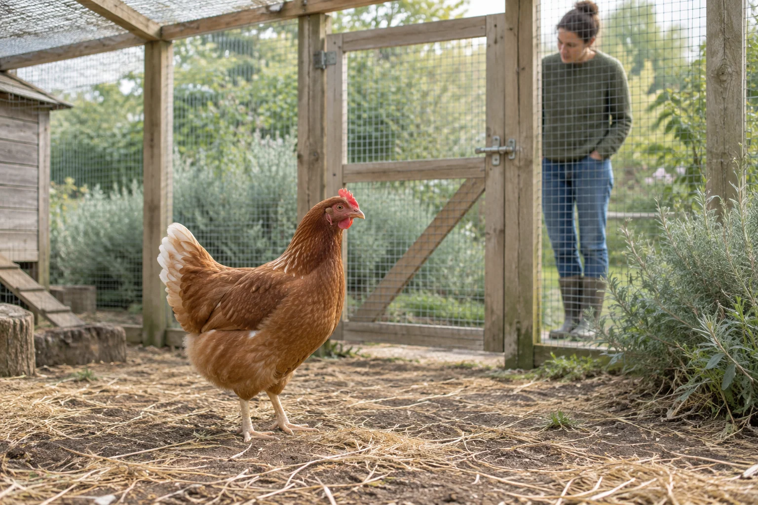 Braunes Huhn in einem eingezäunten Auslauf, mit einer Person am Holztor.
