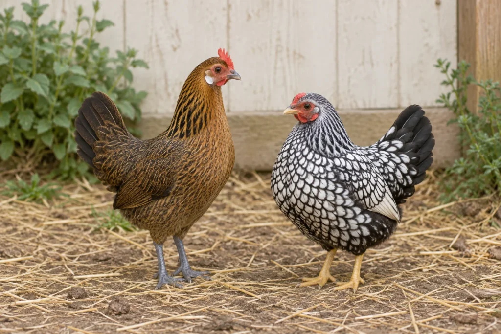 Zwei Zwerghennen in einem Außenauslauf: links eine braunschwarze Henne mit schieferblauen Beinen, rechts eine schwarzweiß gezeichnete Henne mit gelben Beinen.