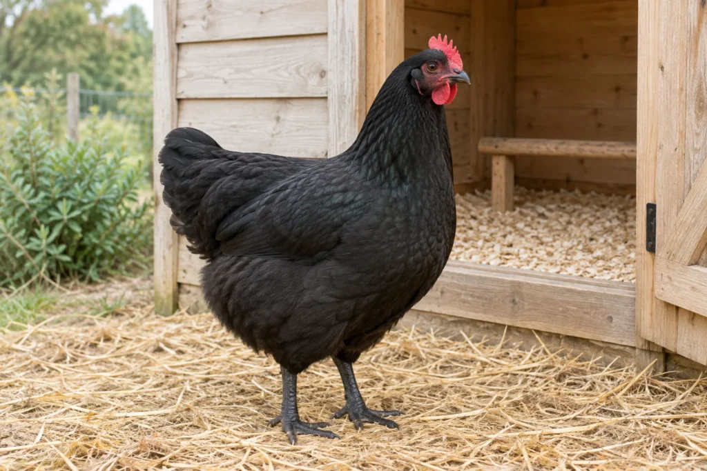 Ein großes schwarzes Huhn mit rotem Kamm steht auf Stroh vor einem offenen hölzernen Hühnerstall mit einer Sitzstange.