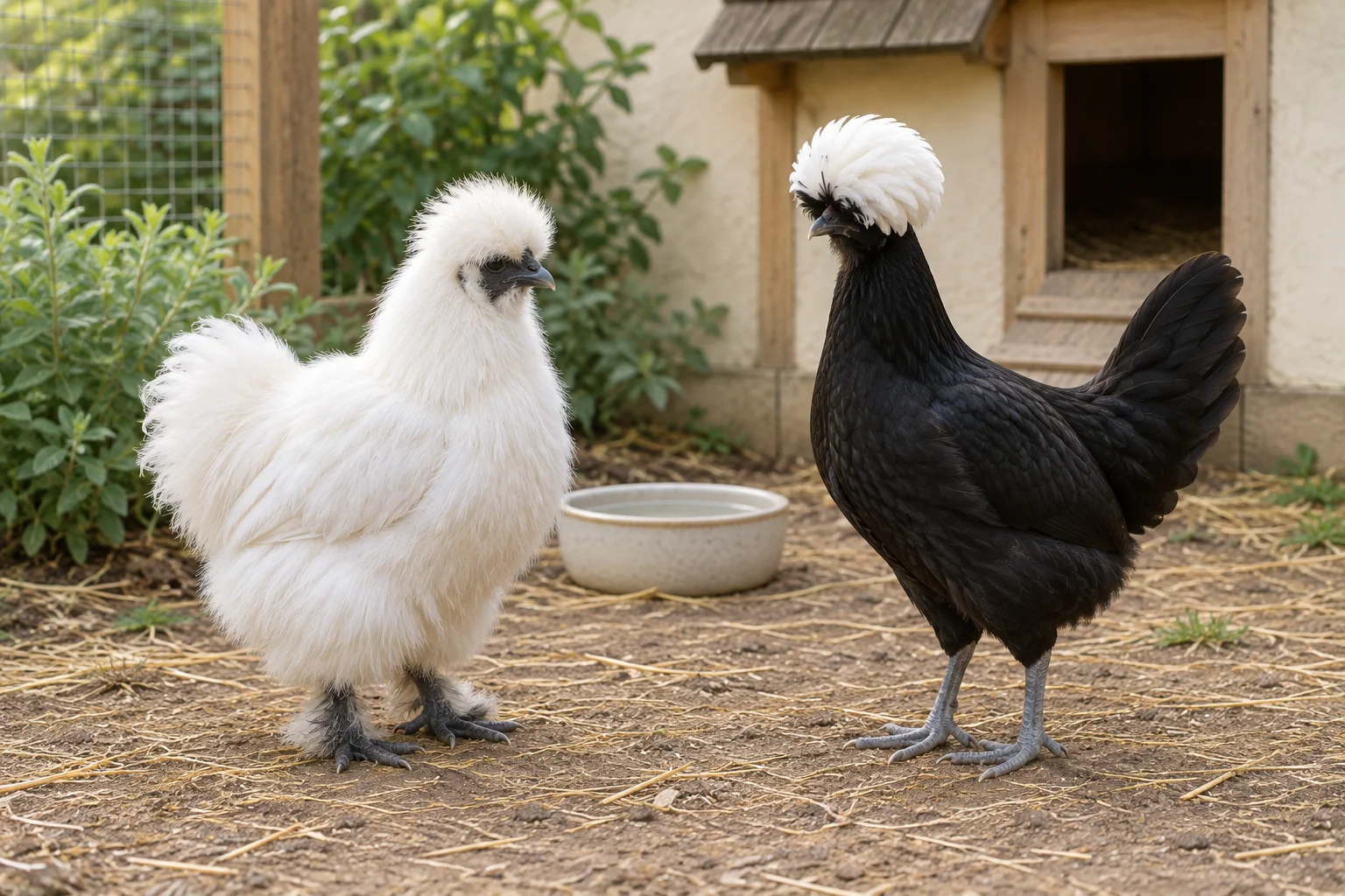 Ein weißes Huhn mit flauschigen Federn und ein schwarzes Huhn mit weißer Haube stehen an einer Wasserschale vor einem Hühnerstall.