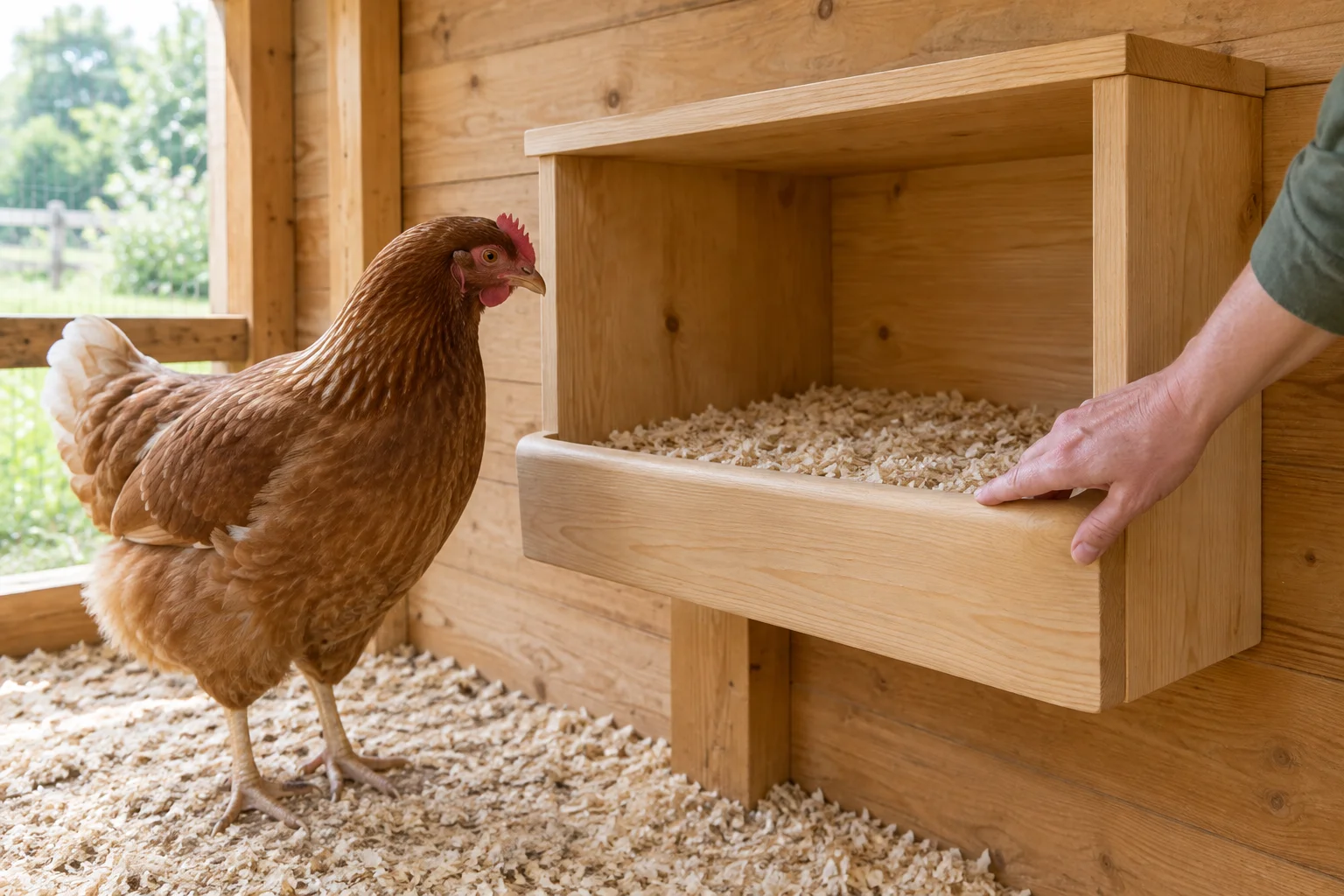 Braunes Huhn neben einem Legenest aus Holz mit Holzspänen; eine Hand berührt die Vorderkante.