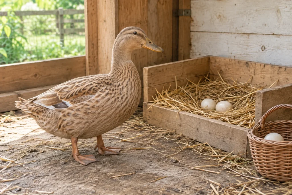 Braune Ente neben einem niedrigen Holznest mit Stroh und zwei Eiern; in einem Weidenkorb liegt ein weiteres Ei.
