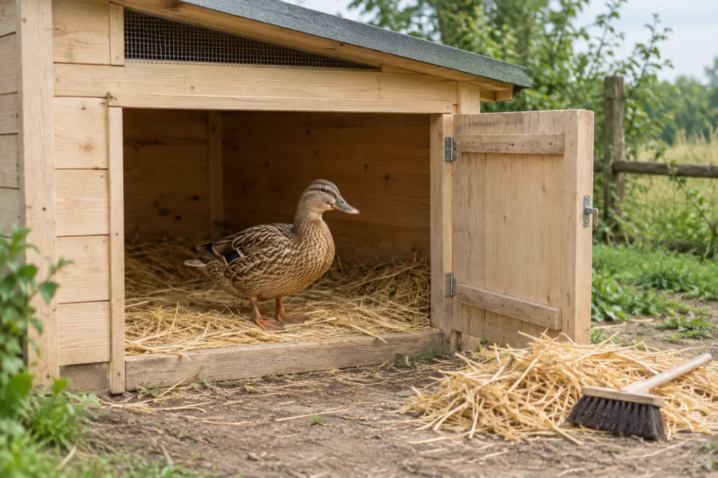 Braun gefleckte Ente in einem Holzstall mit Stroh, einer offenen Tür und einem Besen am Eingang.