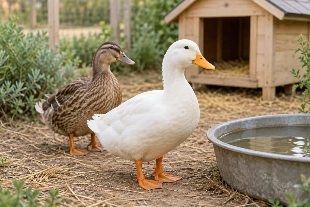 Eine weiße und eine braune Ente stehen in einem Außengehege neben einem runden Wasserbehälter und einem Holzstall.