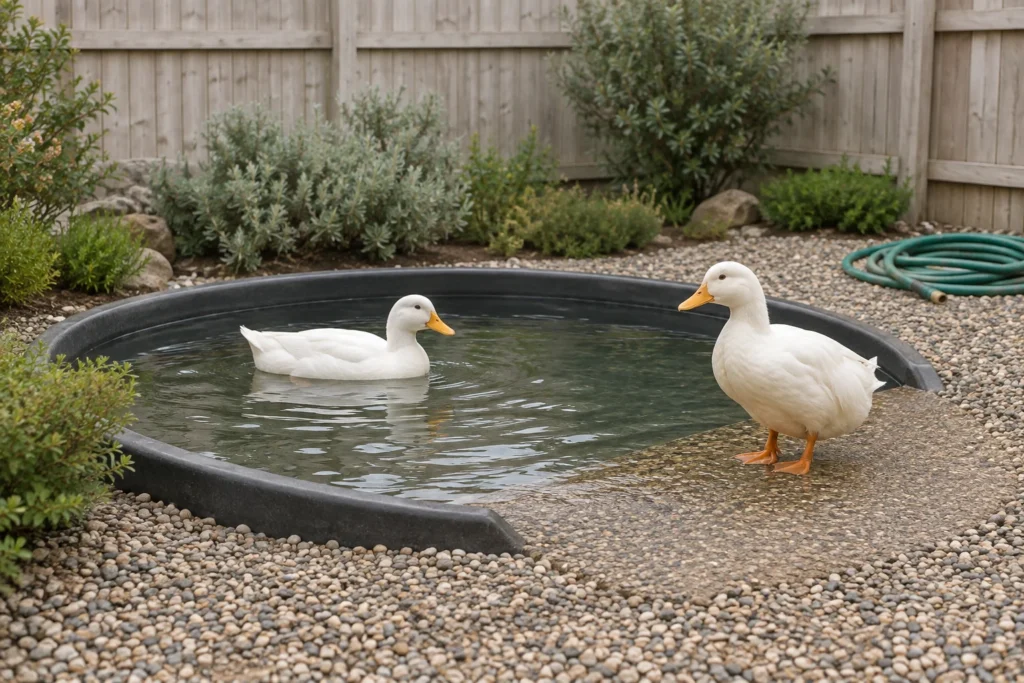 Zwei weiße Hausenten an einem niedrigen Teichbecken in einem umzäunten Auslauf. Eine Ente schwimmt, die andere steht auf dem breiten Zugang am Wasser.