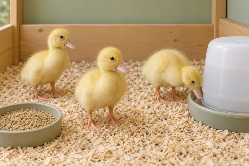 Drei gelbe Entenküken auf Holzspänen neben einem Futtertrog und einer automatischen Tränke.