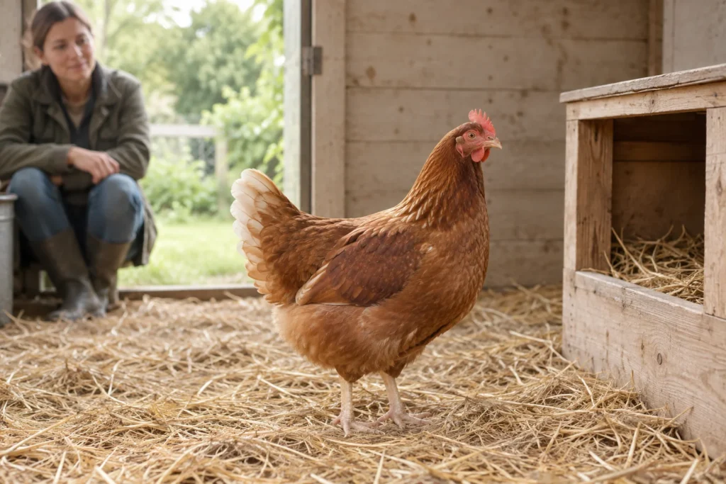 Ein braunes Huhn steht auf Stroh neben einem Legenest aus Holz, während eine Person von der Tür aus zusieht.