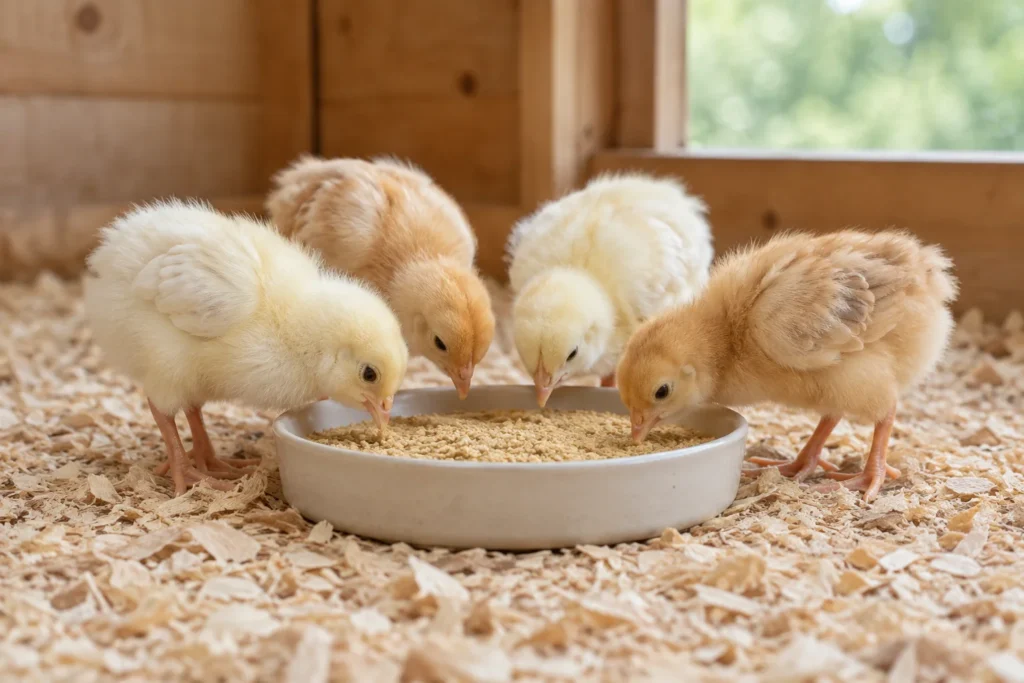 Vier junge Hühnerküken fressen aus einer flachen Futterschale auf Holzspänen in einem Raum aus Holz.
