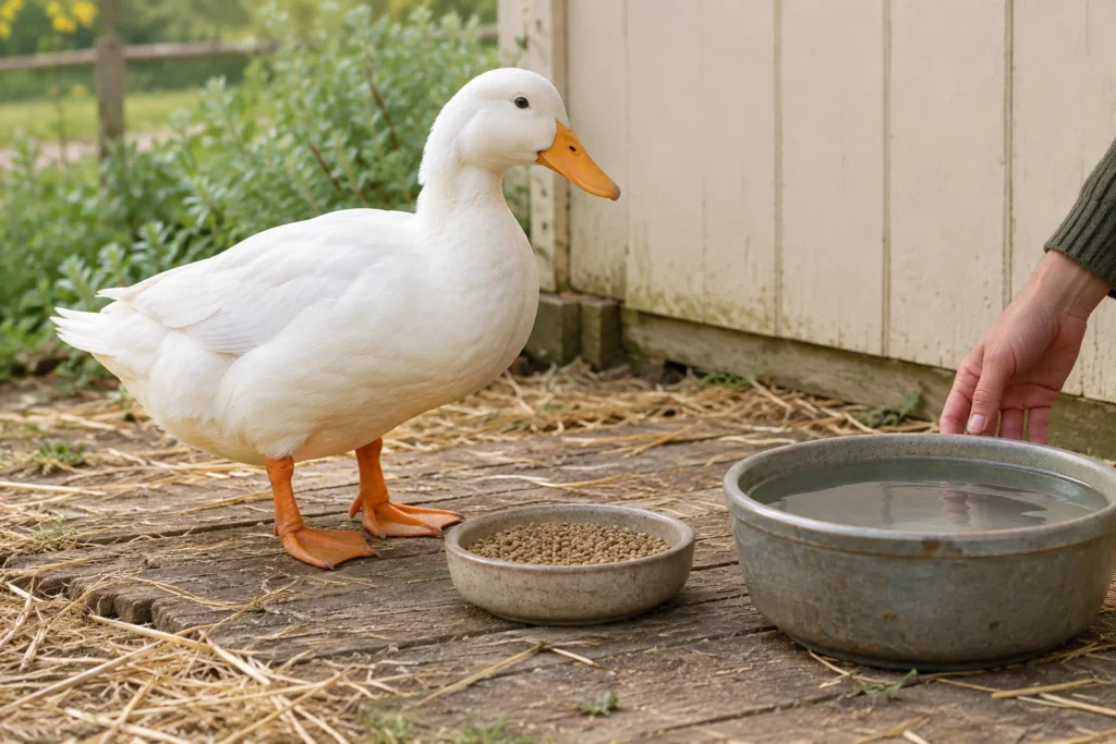 Weiße Ente neben einer Schale mit Futterpellets und einem Wasserbehälter; eine Hand ruht neben dem Wasserbehälter.