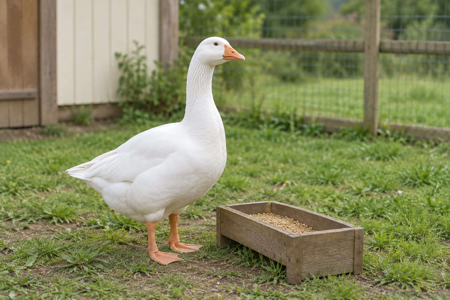 Weiße Gans neben einem hölzernen Futtertrog mit Pellets in einem eingezäunten, grünen Auslauf.