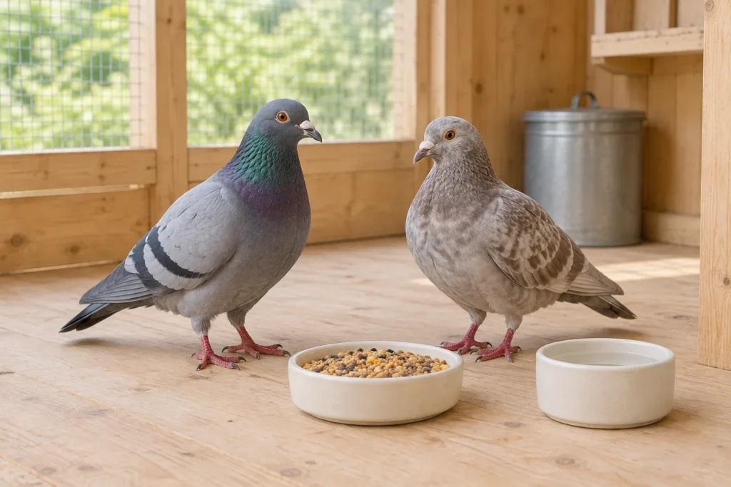 Zwei Tauben an einem Napf mit Futtermischung und einer Tränke in einem hölzernen Taubenschlag.