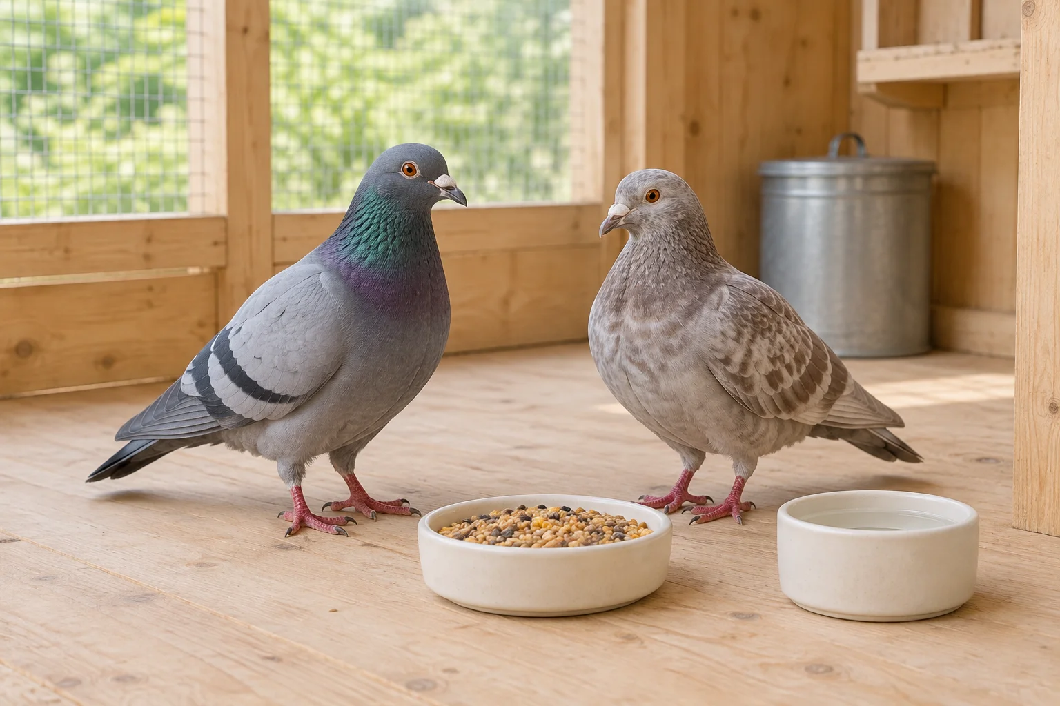 Zwei Tauben an einem Napf mit Futtermischung und einer Tränke in einem hölzernen Taubenschlag.