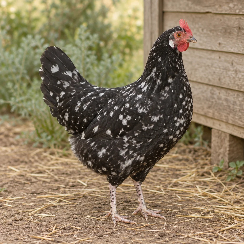 Ein schwarzweiß gesprenkeltes Huhn mit rotem Kamm und weißer Ohrscheibe steht auf einem Hof mit Stroh neben einem hölzernen Hühnerstall.